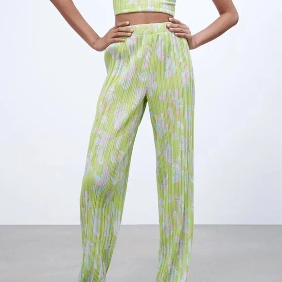 Zara Lime Green Pleated Wide Leg Pant m - Picture 10 of 13